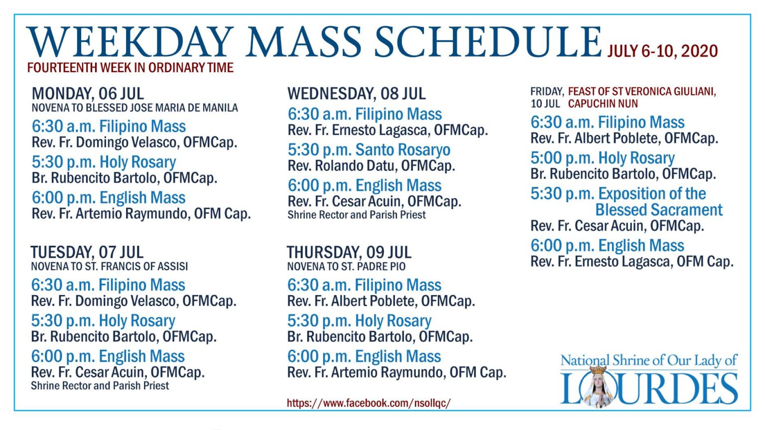 Mass Schedules for July 6 12, 2020 The National Shrine of Our Lady